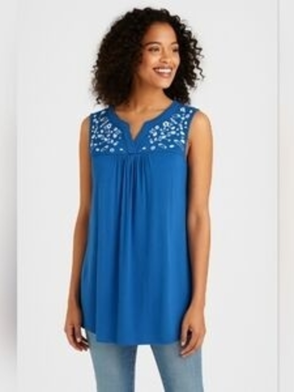 Blue Embroidered Sleeveless Tunic Top